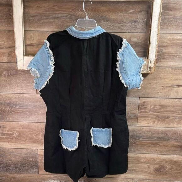 NWT LORAGAL Womens Denim Distressed Romper Shorts 3XL Black Blue Cosmic Cowgirl - Picture 3 of 7